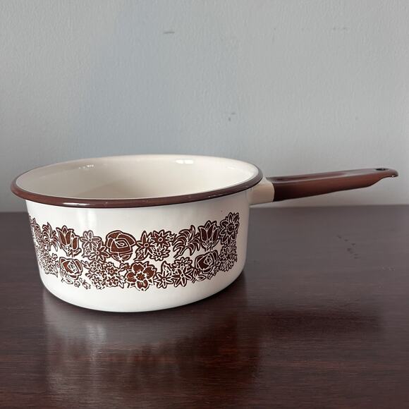 Vintage 1970s Enamel Brown/white Flower Pattern Sauce Pan (no Lid) - Picture 1 of 6